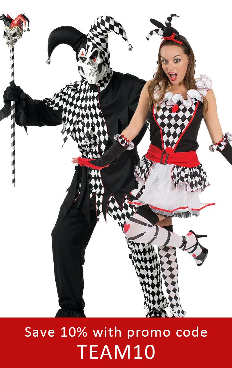 Evil Jester & Harlequinn Jester Couples Costume - Joke.co.uk